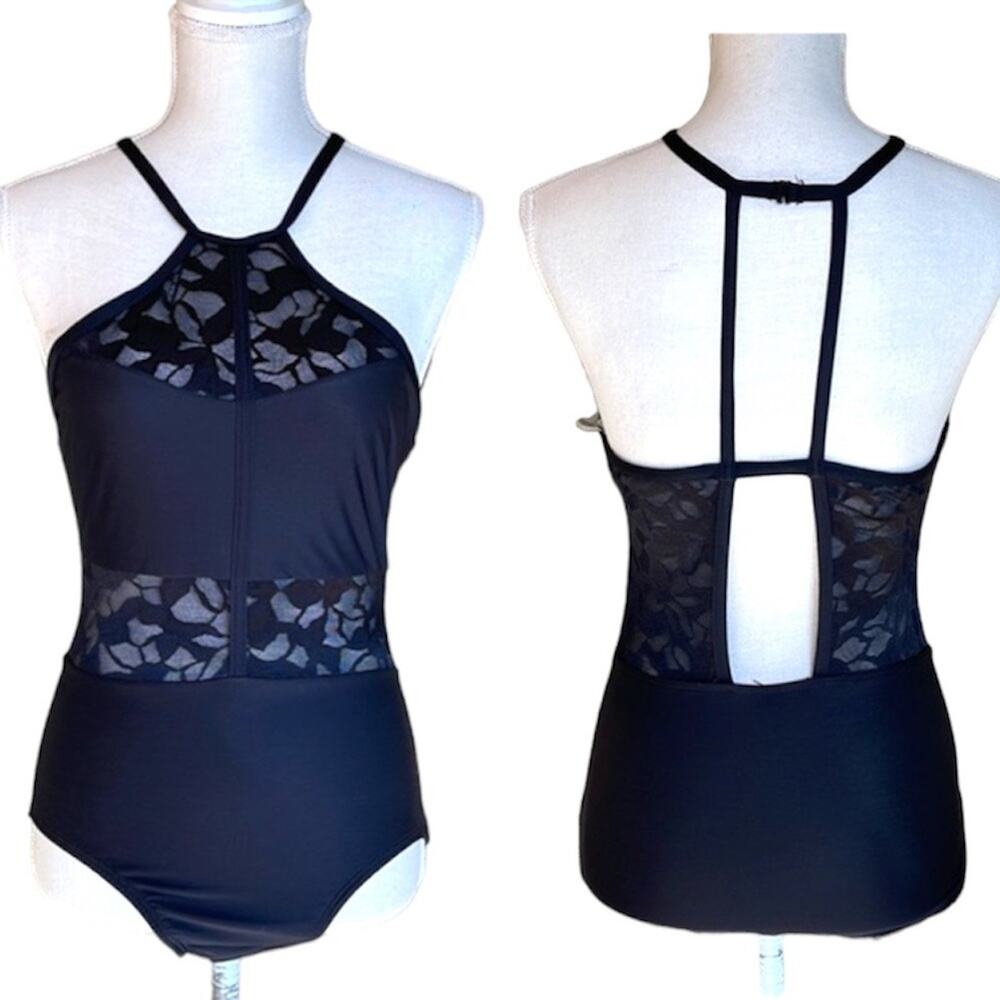 Dance‎ Leotard Motionwear Lace Cutouts Black Mesh Mock Neck INVL2